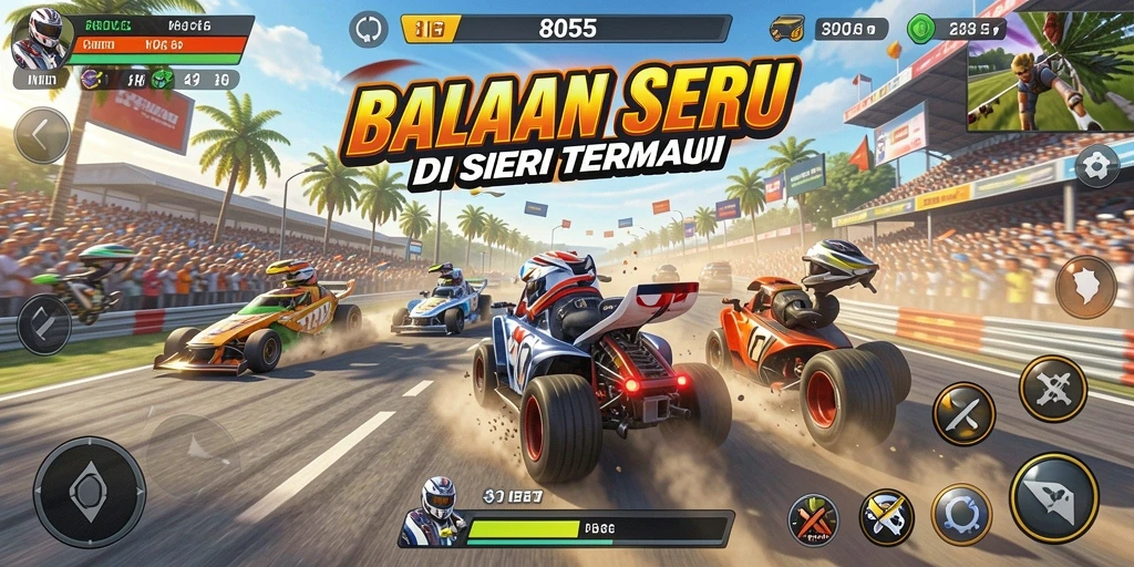 Screenshot gameplay 8055 menunjukkan aksi balapan mendebarkan di trek yang menantang.